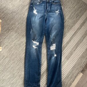 Women's Distressed Straight Leg Jeans - Blue